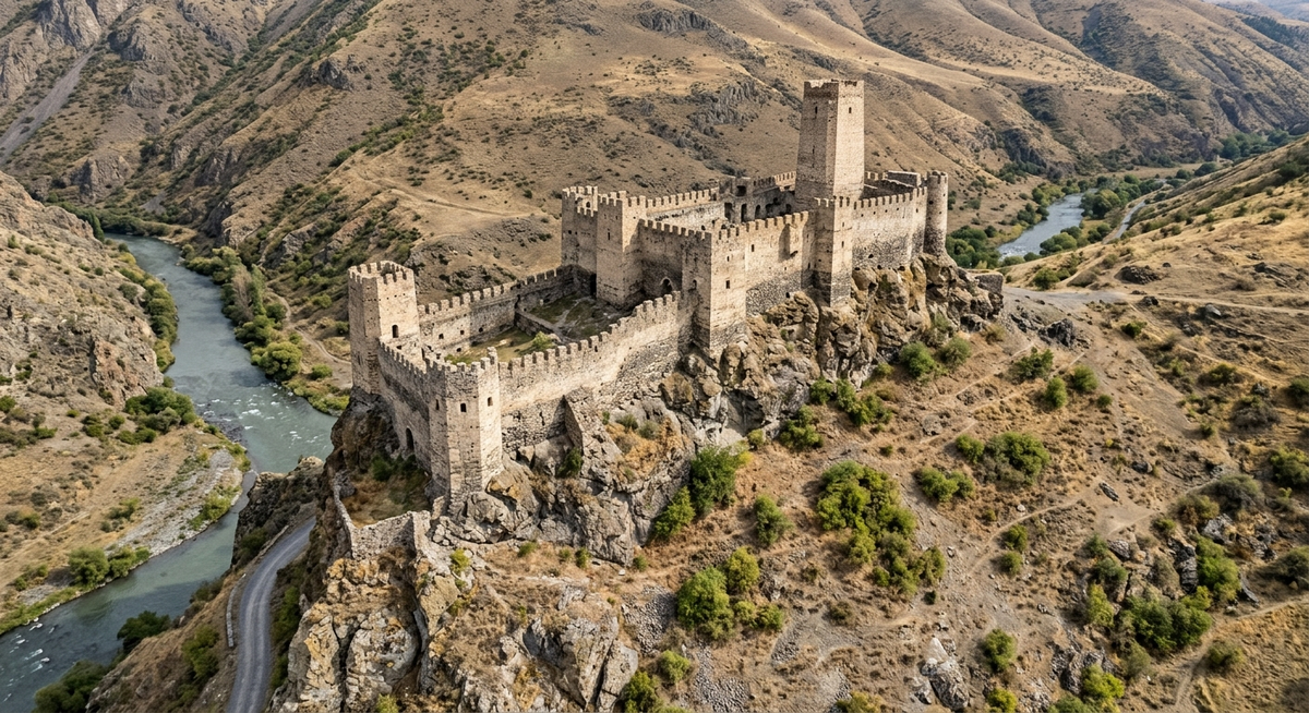 Khertvisi Fortress photographed from across the confluence of the Mtkvari and Paravani rivers