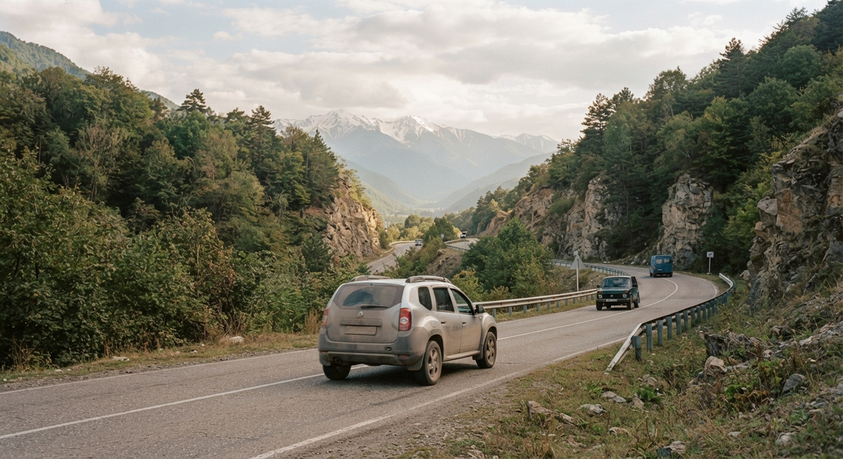 A rental car traveling along the Georgian Military Highway in the Aragvi Valley, Georgia