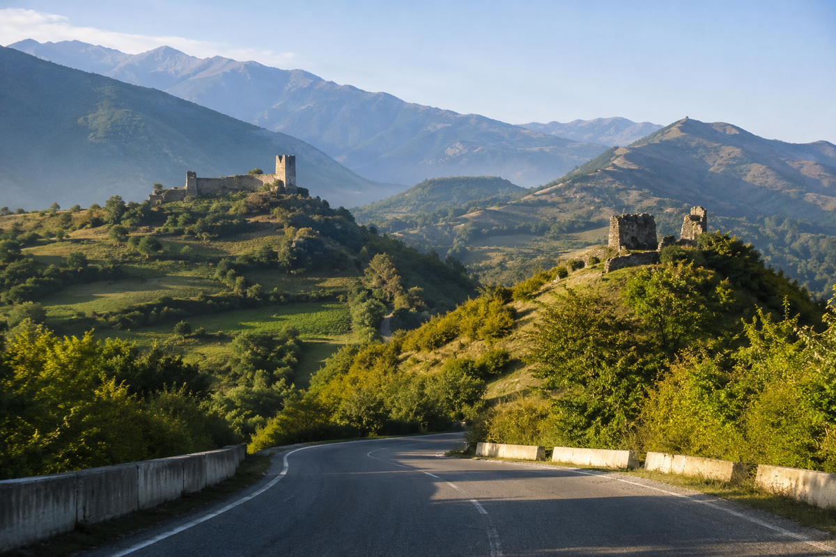 winding mountain road in Georgia leading through different historical regions, ancient stone fortress ruins