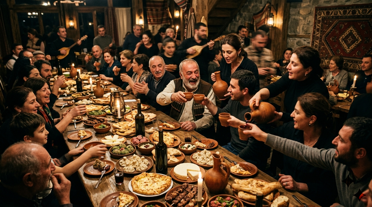Georgian supra feast in progress, people laughing, talking, clinking glasses, pouring wine,