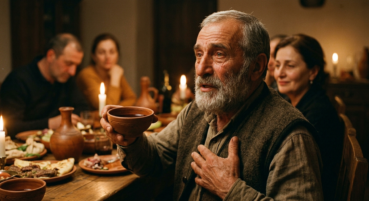 Georgian man delivering a long emotional toast at a supra table