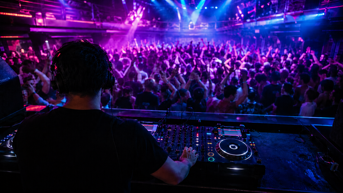A DJ playing to a dancing crowd on a night club dance floor.