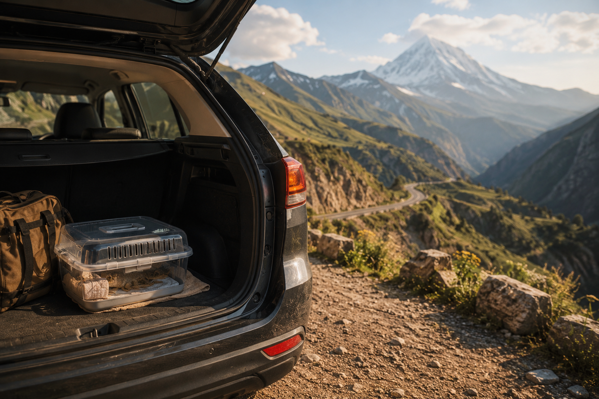 A car parked at a scenic overlook on a dramatic Caucasus mountain