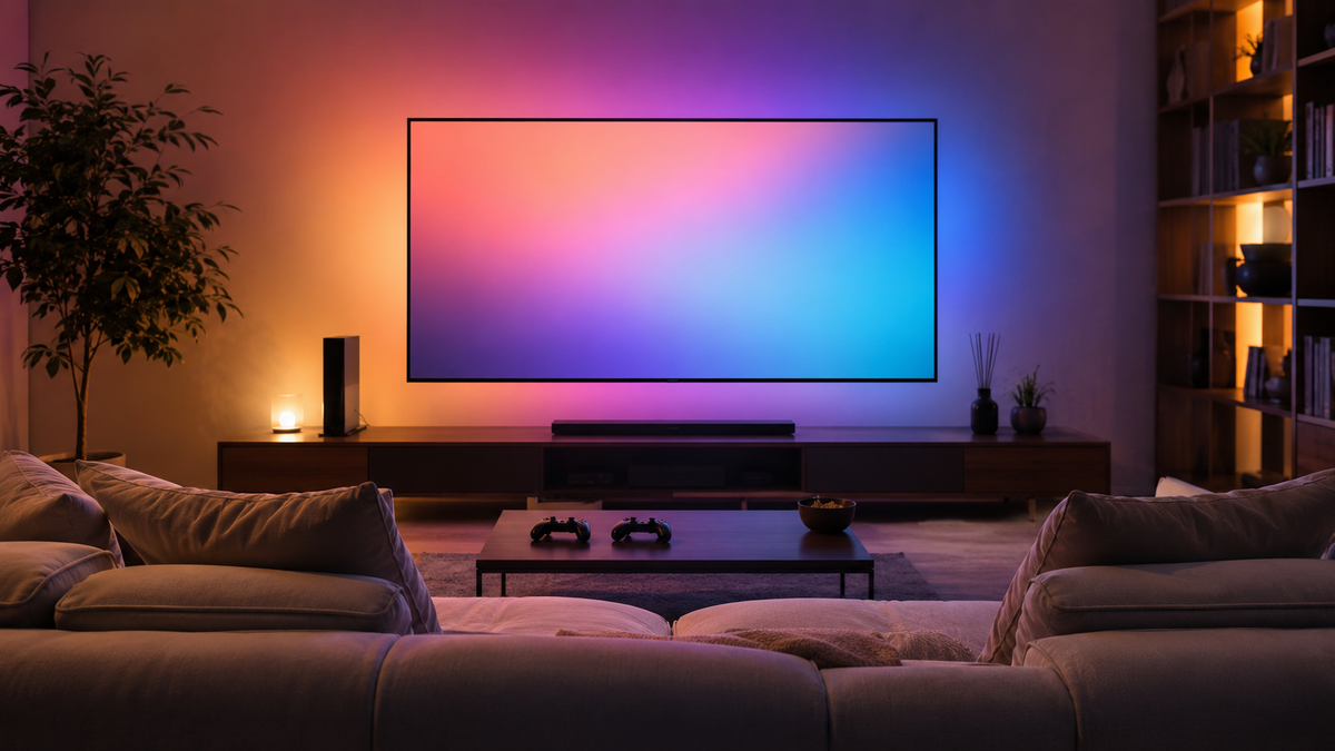 A console zone with a sofa and a large screen in a Tbilisi gaming club.