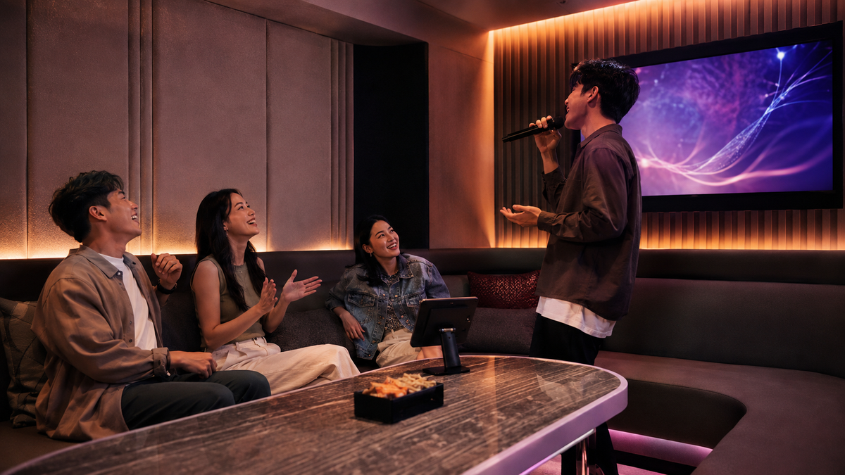 A group of friends singing in a private VIP karaoke room with cosy lighting.