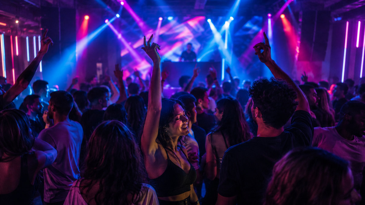 A lively night club dance floor in Batumi with a crowd dancing under colourful lights.