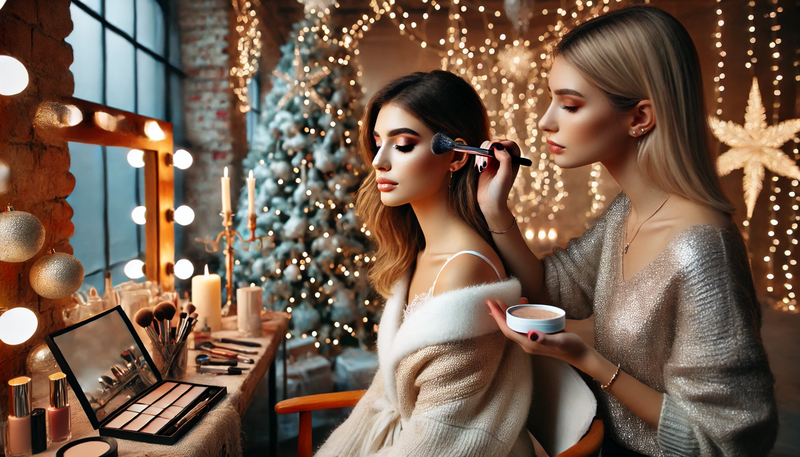 A makeup artist applying festive New Year's makeup to a young woman in a beautifully decorated salon