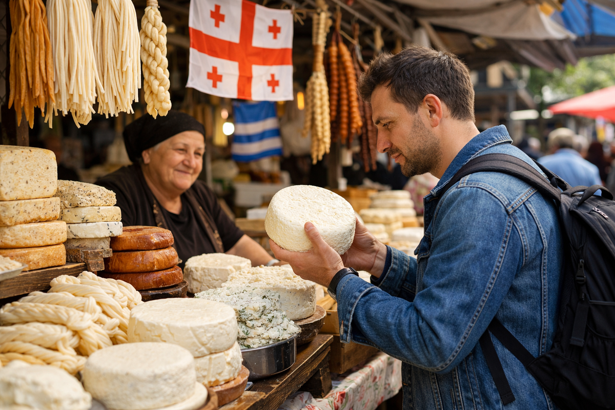 A man buys cheese at a Georgian market.