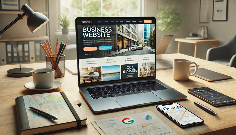 А modern workspace featuring a laptop displaying a professional business website. The screen shows a sleek, responsive web design