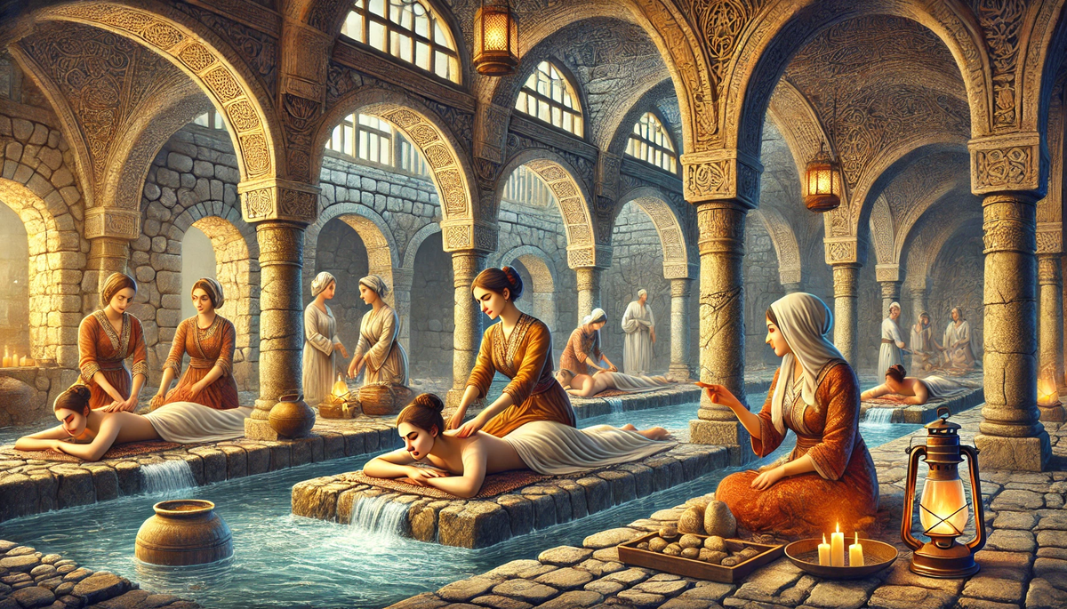 A realistic horizontal illustration of women receiving massages in the sulfur baths of ancient Georgia, capturing the historic atmosphere and attribut