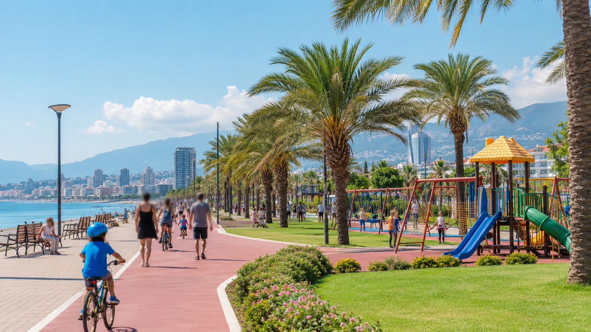 A seaside park in Batumi with palms, a children's playground and families walking.