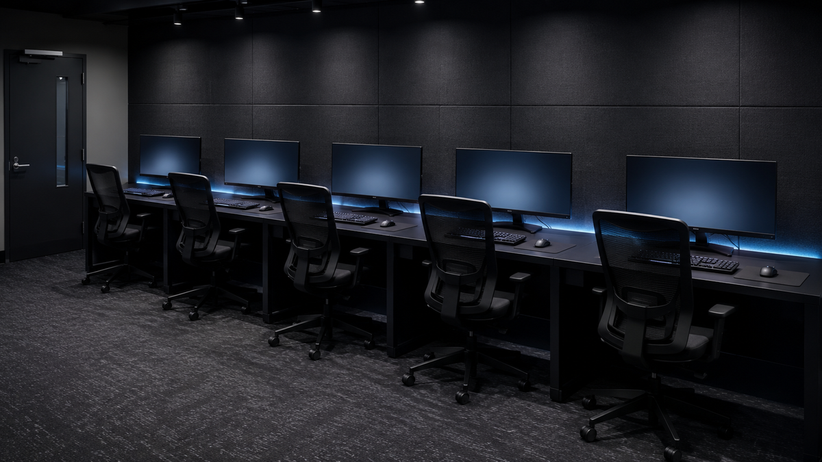 A separate team room with five gaming stations in a row.