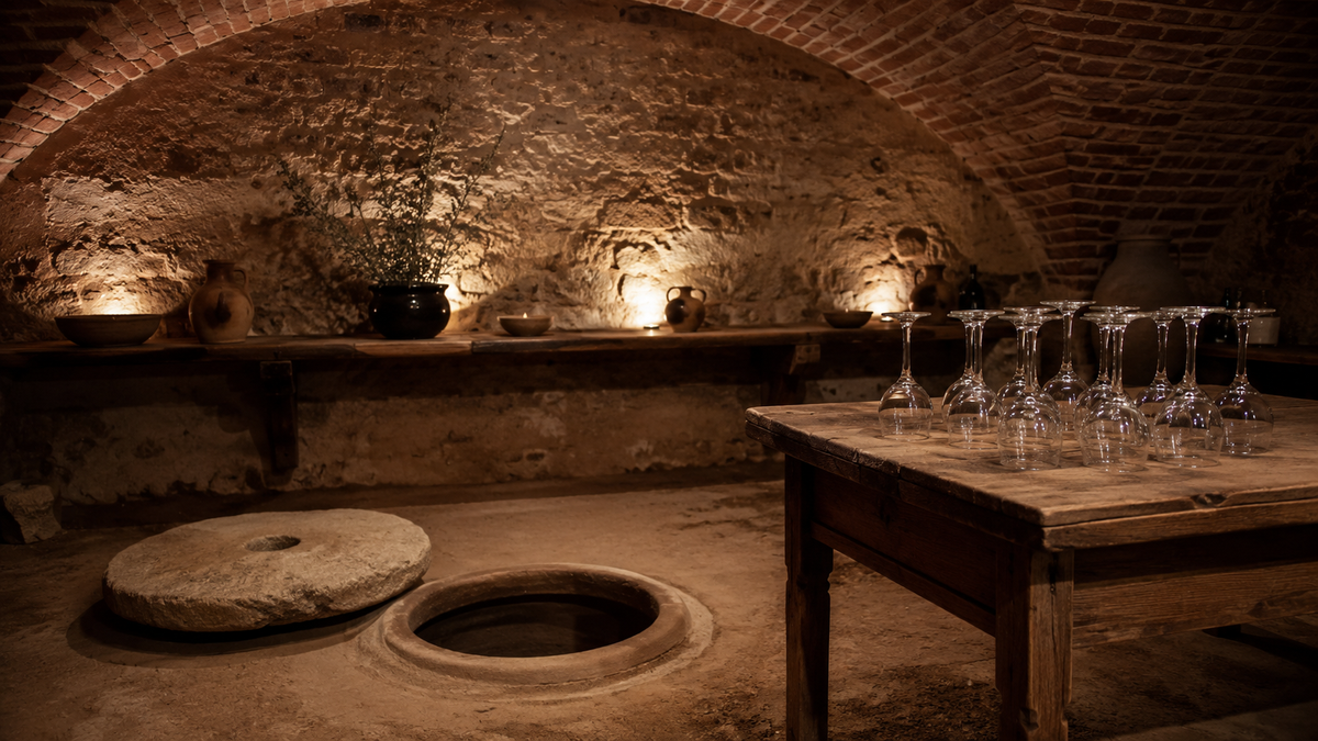 A tasting room with a qvevri set into the cellar floor.