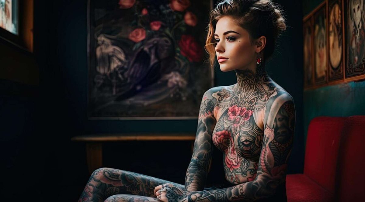 A woman with tattoos on her arms sits in front of a painting of a skull and flowers