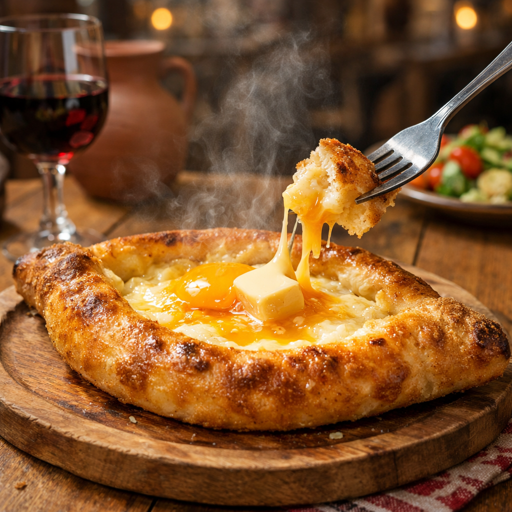 Fresh Adjarian khachapuri in Batumi restaurant