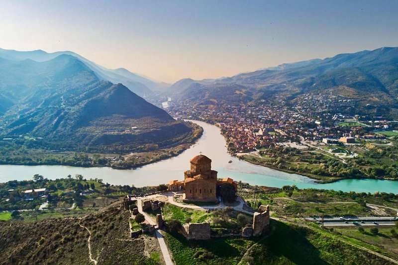 Aerial view of the river and the temple