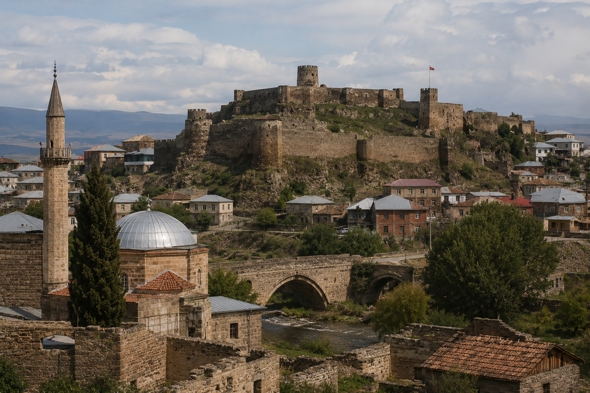 A panoramic view of Akhalkalaki Fortress overlooking the historic town, where medieval walls, Ottoman heritage, and centuries of Caucasian history meet against the dramatic landscapes of Samtskhe-Javakheti.