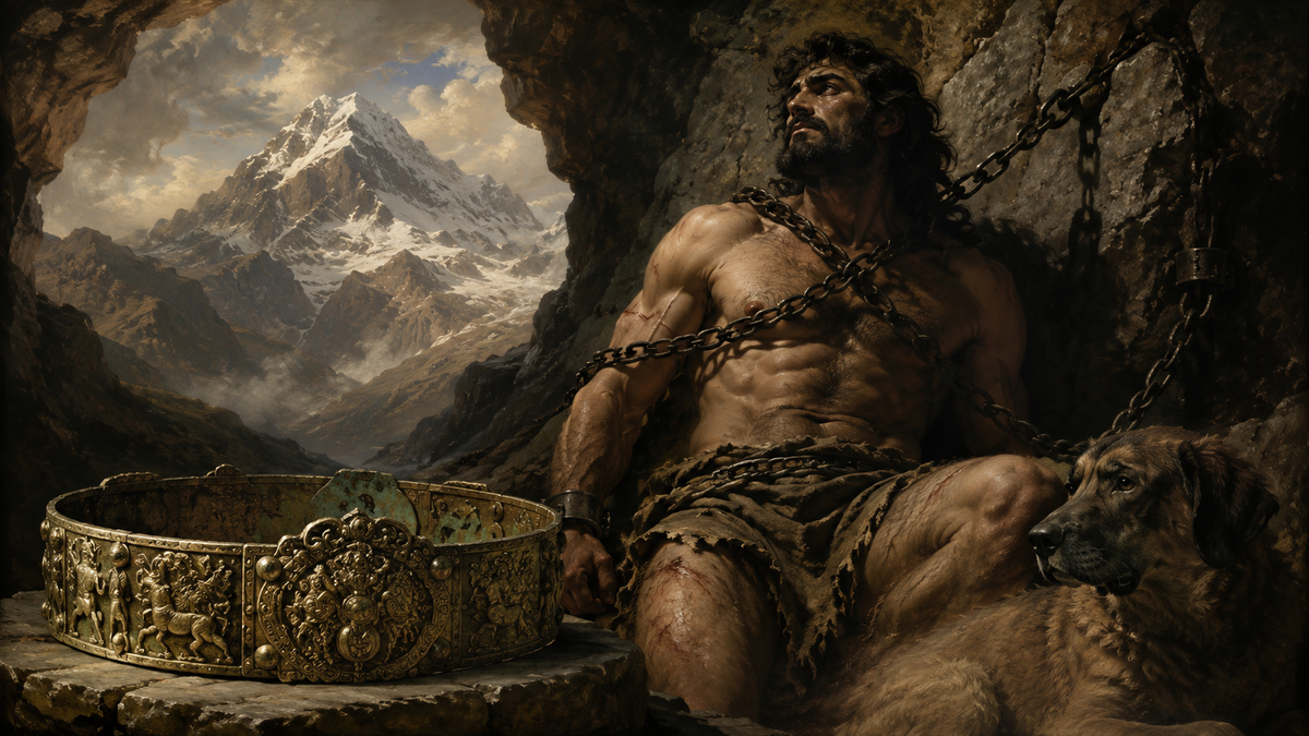 Dramatic mythological illustration of Amirani, the hero of the Georgian epic, chained inside a mountain cave with the Caucasus peaks beyond, a loyal dog beside him, and an ornate bronze belt inspired by the Kazbek treasure in the foreground.