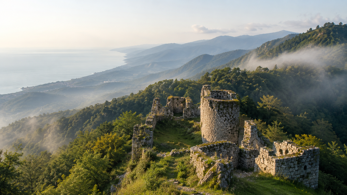 Old stone fortress ruins rise above the green mountains of Adjara, with the Black Sea and misty valleys in the distance.
