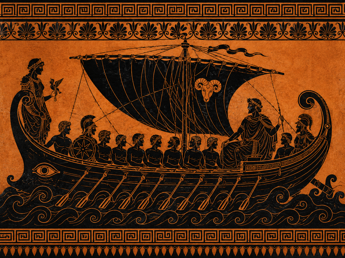 Ancient Greek vase-style illustration of the Argonauts sailing on the ship Argo, with oars, warriors, decorative waves, and classical Greek ornamental patterns.