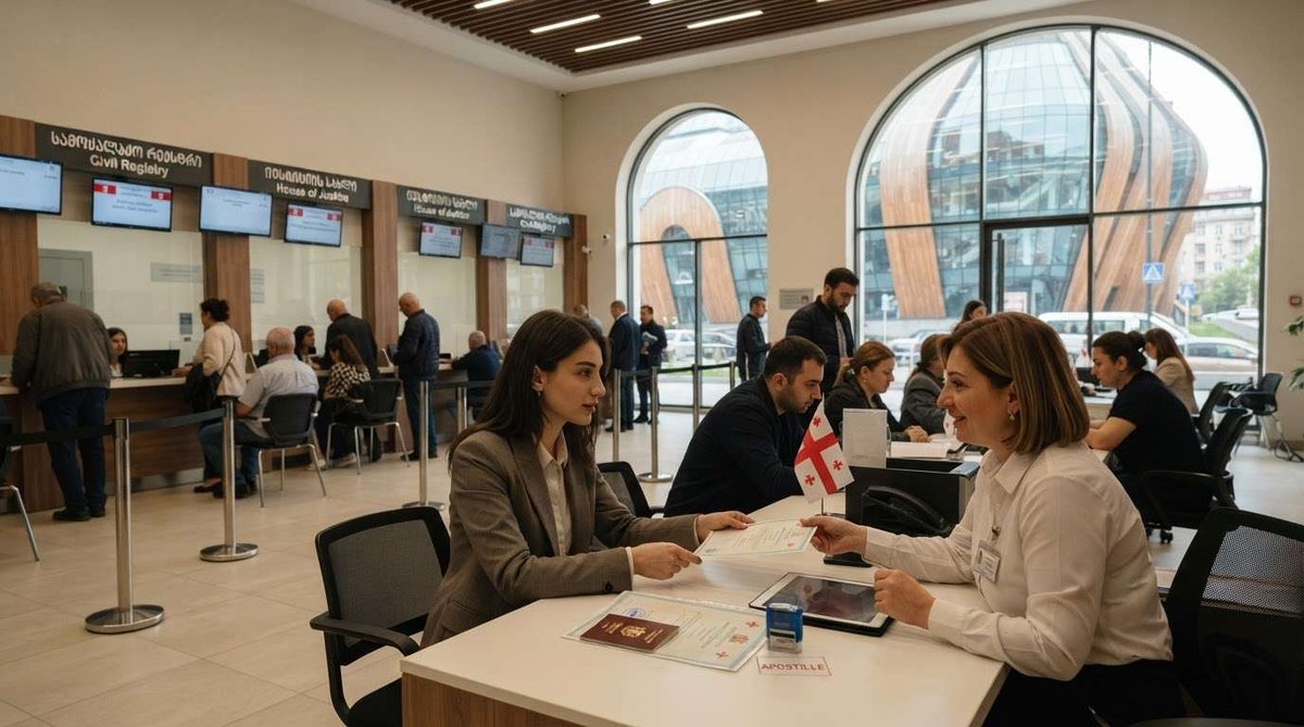 A woman handing a document to a clerk at an apostille service desk, with a passport on the table and civil registry counters visible in the background.
