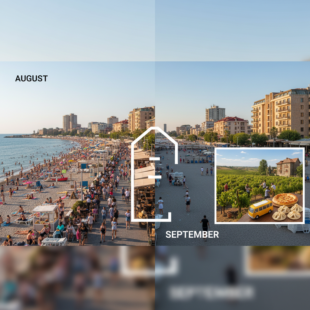 A short caption: a side-by-side comparison shows Batumi's crowded August beach giving way to a quieter September promenade, with a vineyard, khachapuri and khinkali inset for the season's food and wine.