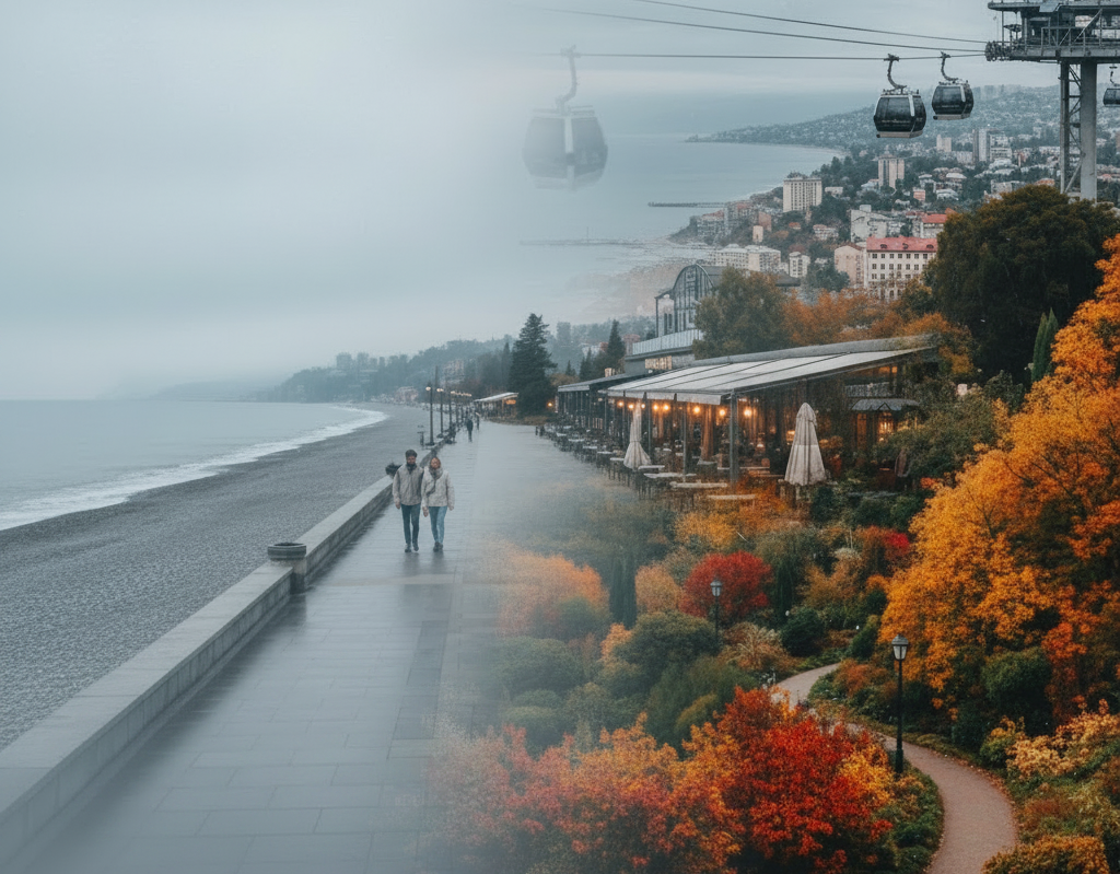 A foggy pebble beach along the Black Sea gives way to Batumi's cable car and a warmly lit autumn boulevard lined with red and gold foliage.