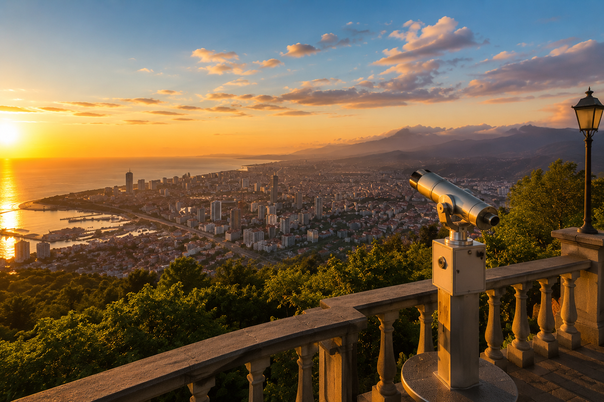 Sunset panorama of Batumi, the Black Sea and mountains from a high viewpoint.
