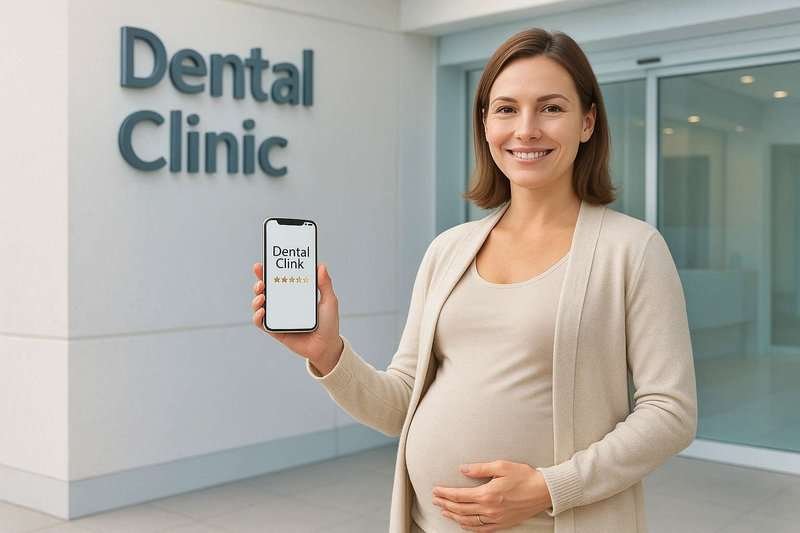A pregnant woman near a dentist