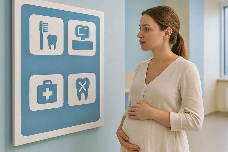 A pregnant woman looks at a poster at a dentist's office.