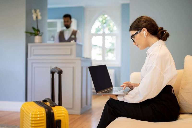 A businesswoman with a laptop and headphones works in a hotel