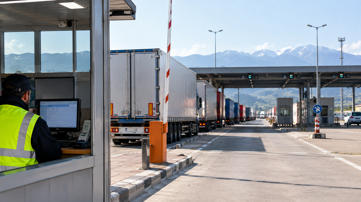 An officer at a monitor tracking the electronic queue while a line of trucks waits at a barrier gate, with mountains in the background.