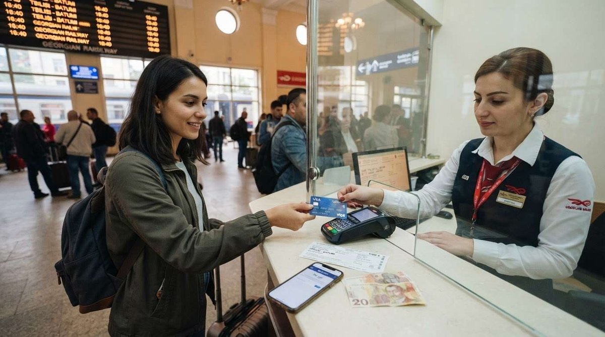A woman handing her Visa card to a railway agent at a ticket window, with a departures board and cash on the counter.