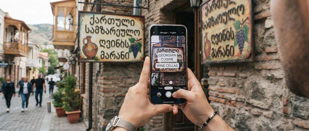 A phone's camera translates a Georgian wine cellar sign into English in real time on a cobbled old-town street.
