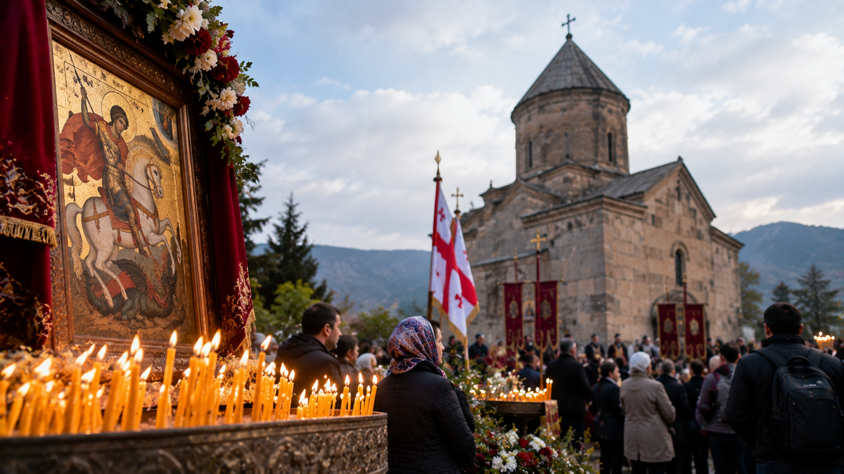 Rows of lit candles beside a gilded icon of St. George, with a crowd gathered at a stone church for a religious procession, Georgian flag flying above.