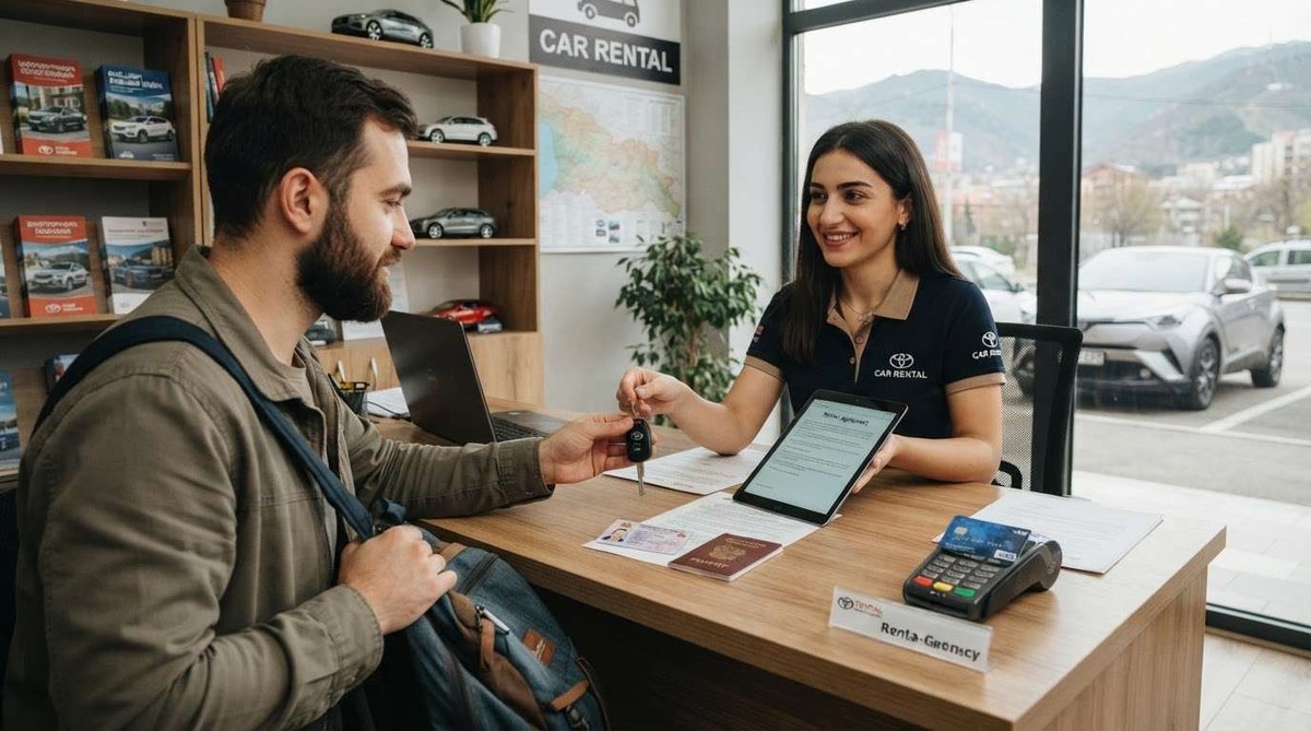 A woman in a "Car Rental" uniform handing keys to a customer across a desk with a tablet, passport, ID card, and payment terminal.