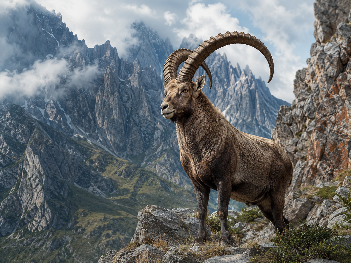 Realistic wildlife image of a Caucasian tur standing on steep rocky slopes, with large curved horns, rugged mountain cliffs, misty peaks, and alpine scenery in the background.