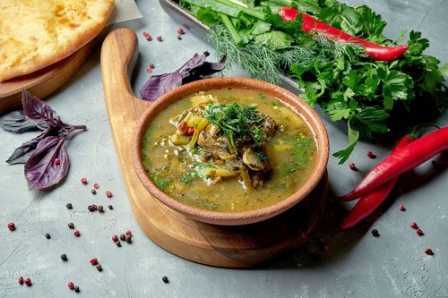 Chakapuli is a stew of lamb and beef with tkemali plum sauce.