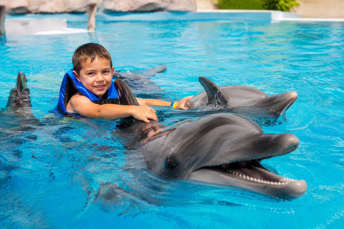 A joyful child swims with dolphins in a bright blue pool in Batumi, capturing a memorable family travel experience.