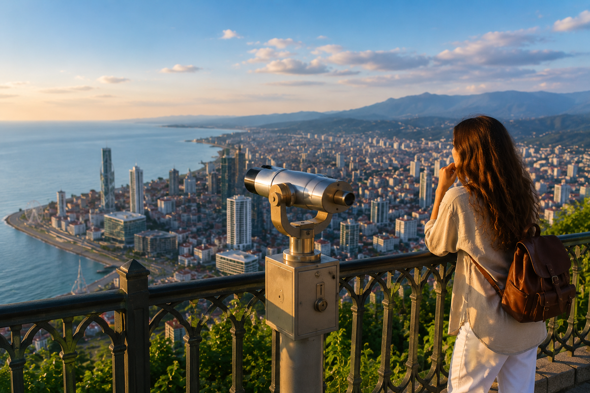 A traveler looks over Batumi, the Black Sea and mountains from a scenic viewpoint.