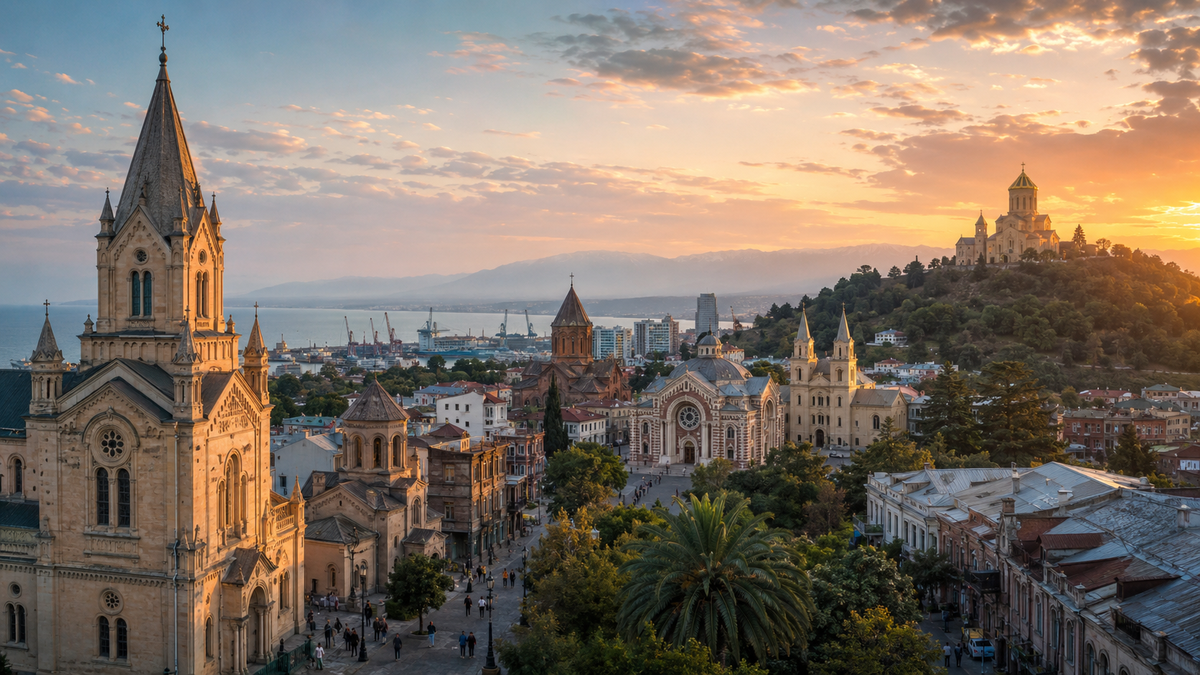 A quiet scene near a Batumi church entrance shows respectful dress, modest behavior and careful photography before visiting active sacred places.