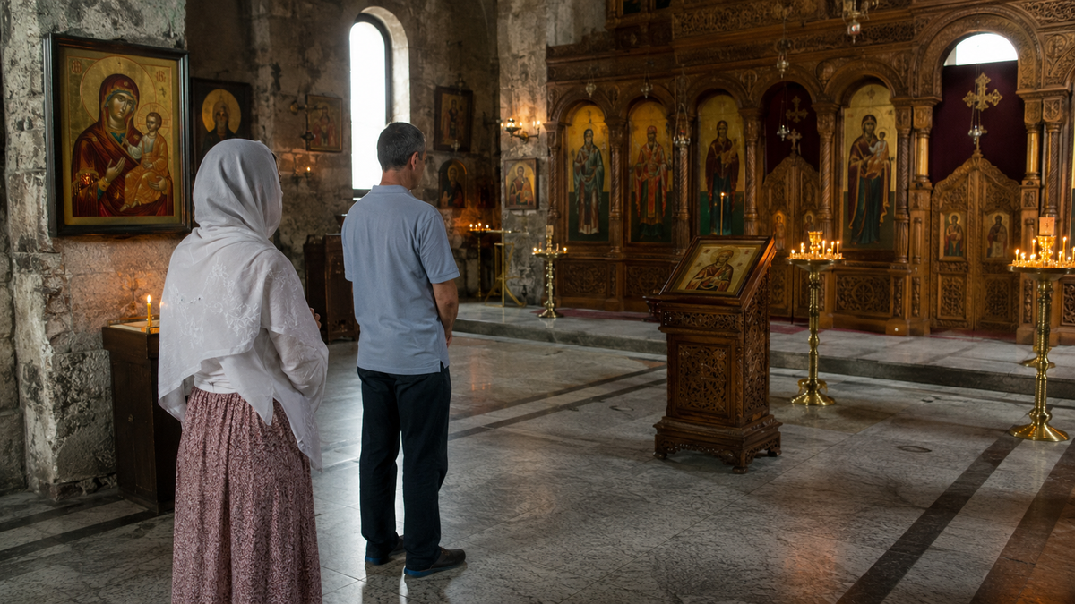 A quiet scene near a Batumi church entrance shows respectful dress, modest behavior and careful photography before visiting active sacred places.