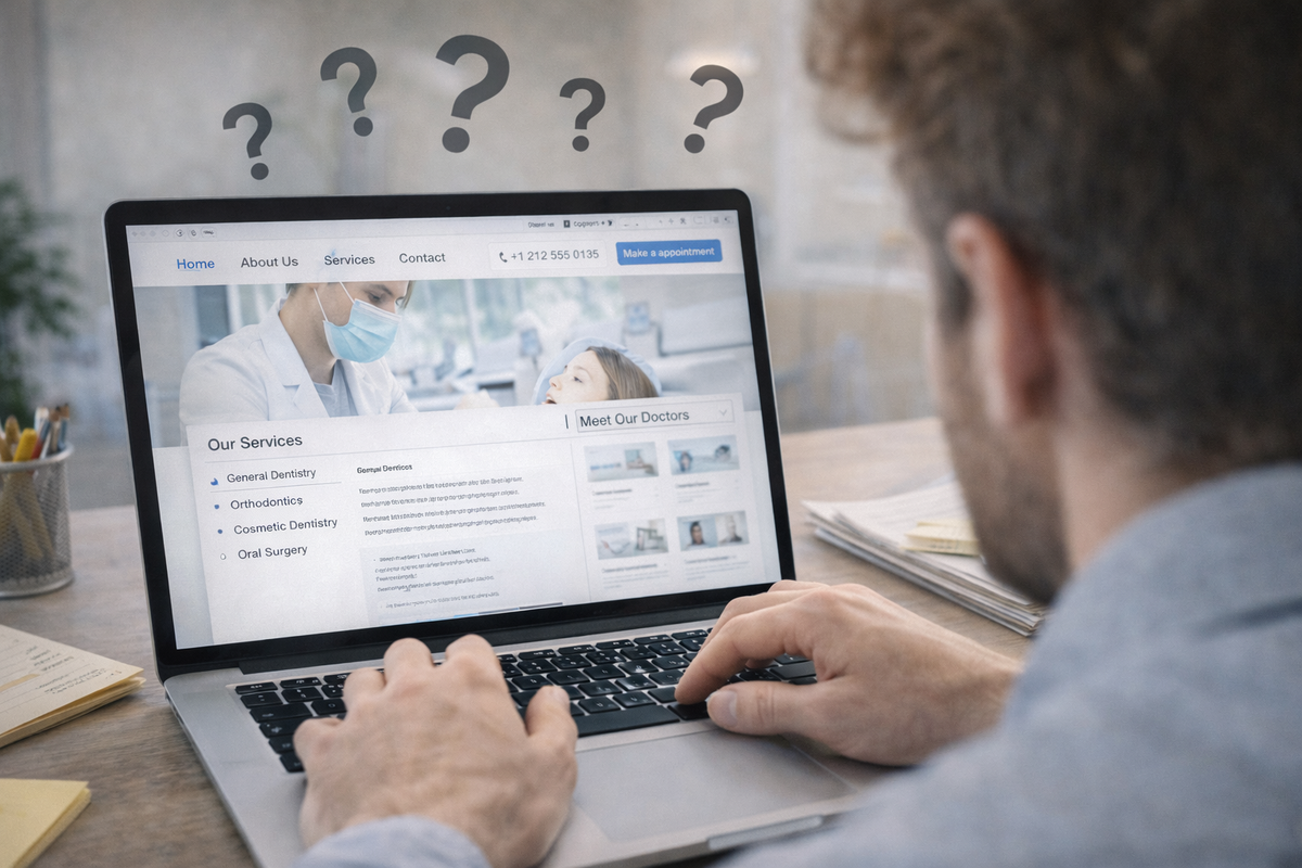 A person browses a dental clinic website on a laptop but struggles to understand services, location, and how to book an appointment.