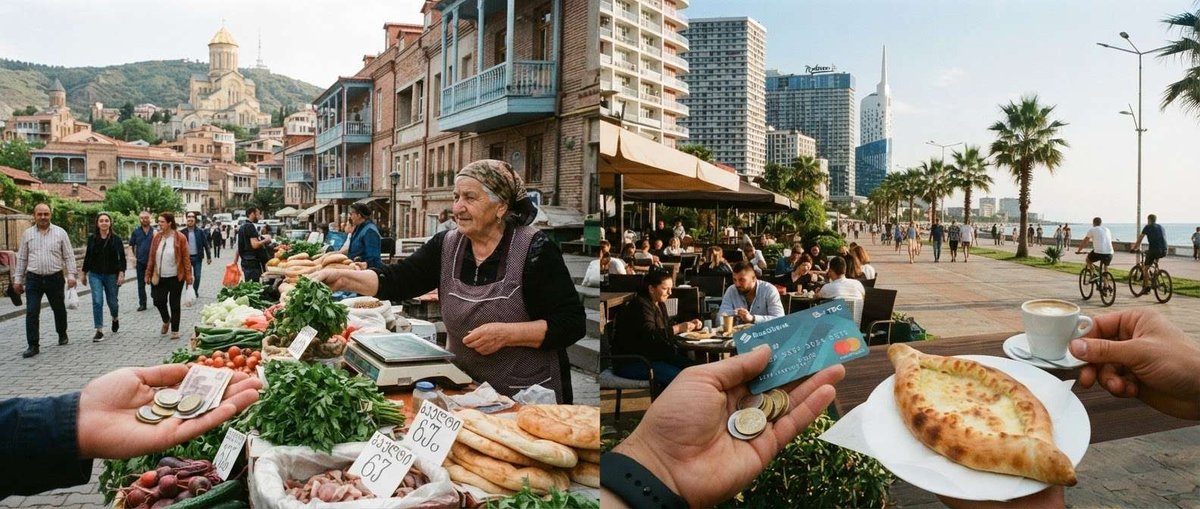 cash pays for lari and greens at a Tbilisi street market on the left, while a card and coins settle a khachapuri and coffee bill on the Batumi seafront on the right.