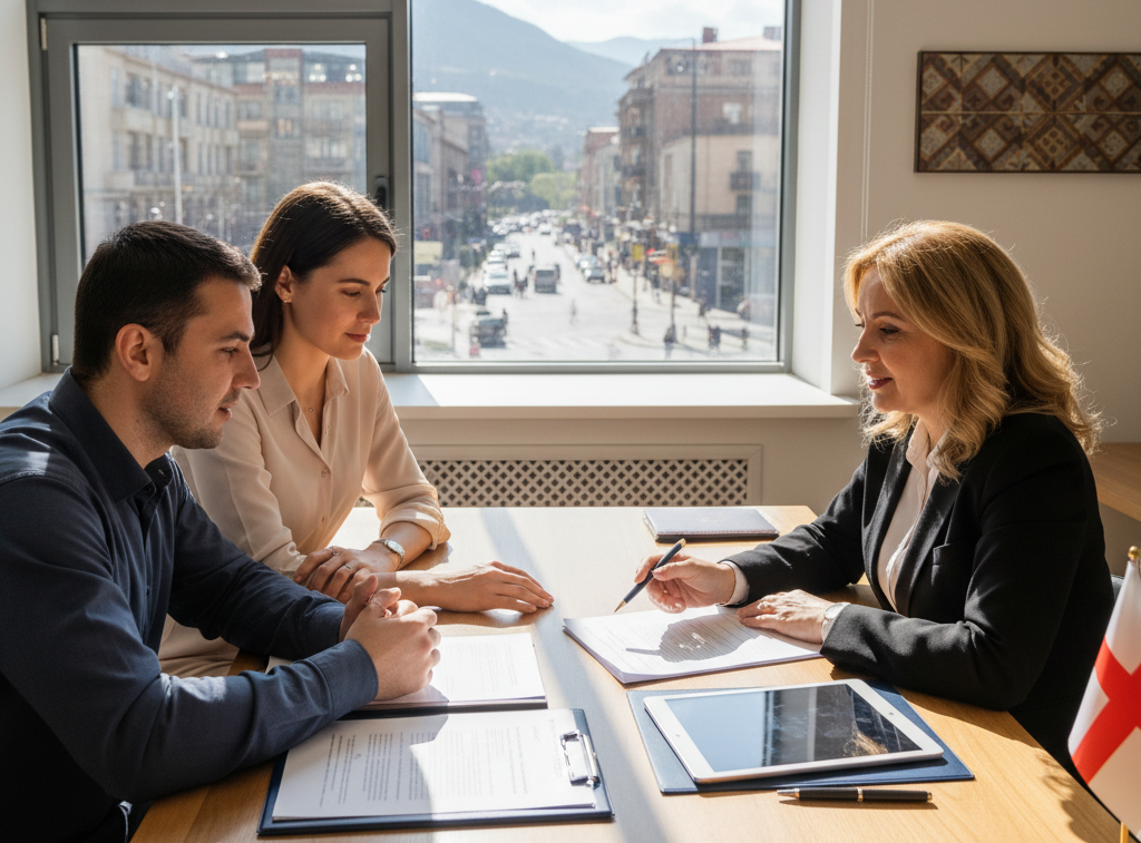 A man and woman with documents and a tablet consulting a notary at her desk, with a city street and mountains visible through a large window.