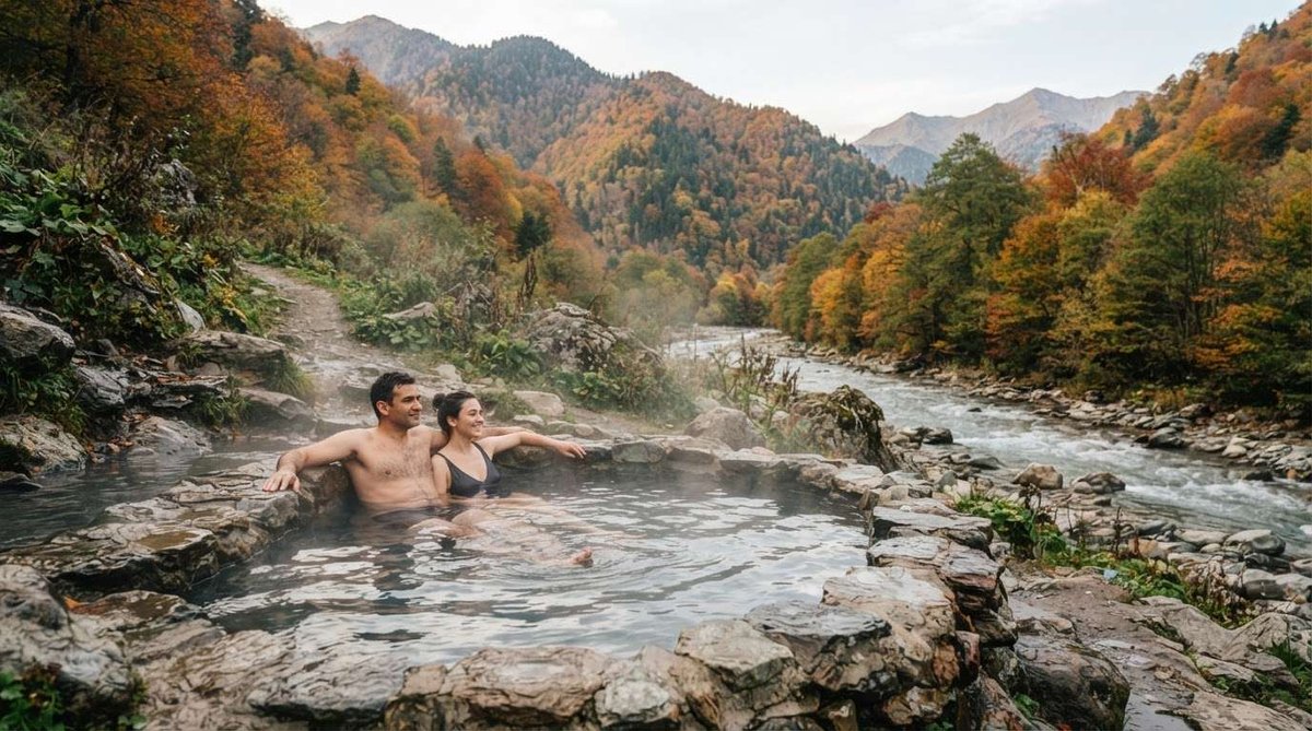 A couple soaking in a rustic stone pool beside a mountain river surrounded by vibrant autumn foliage.