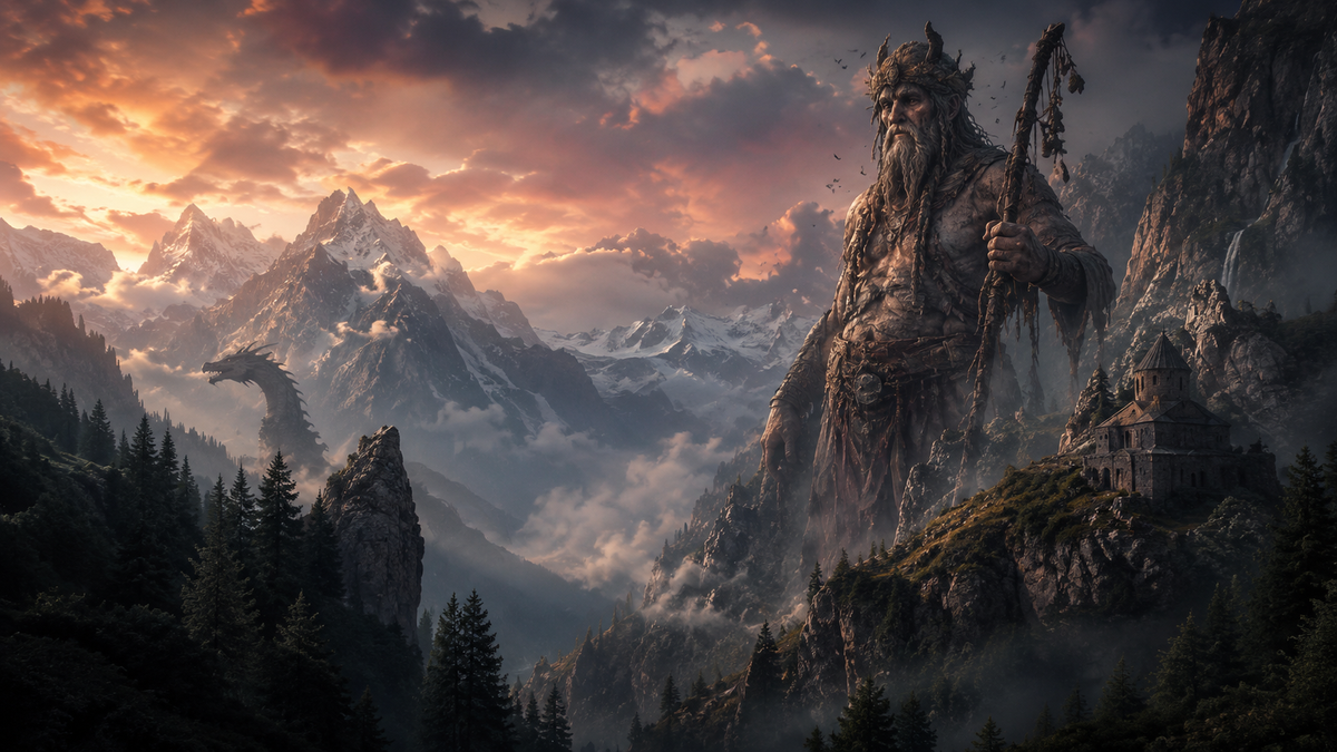 Atmospheric fantasy illustration of Georgian folklore creatures in a dramatic Caucasus mountain landscape, with a giant figure standing among cliffs, a dragon emerging from misty valleys, dark forests, ancient stone architecture, and stormy sunset light.