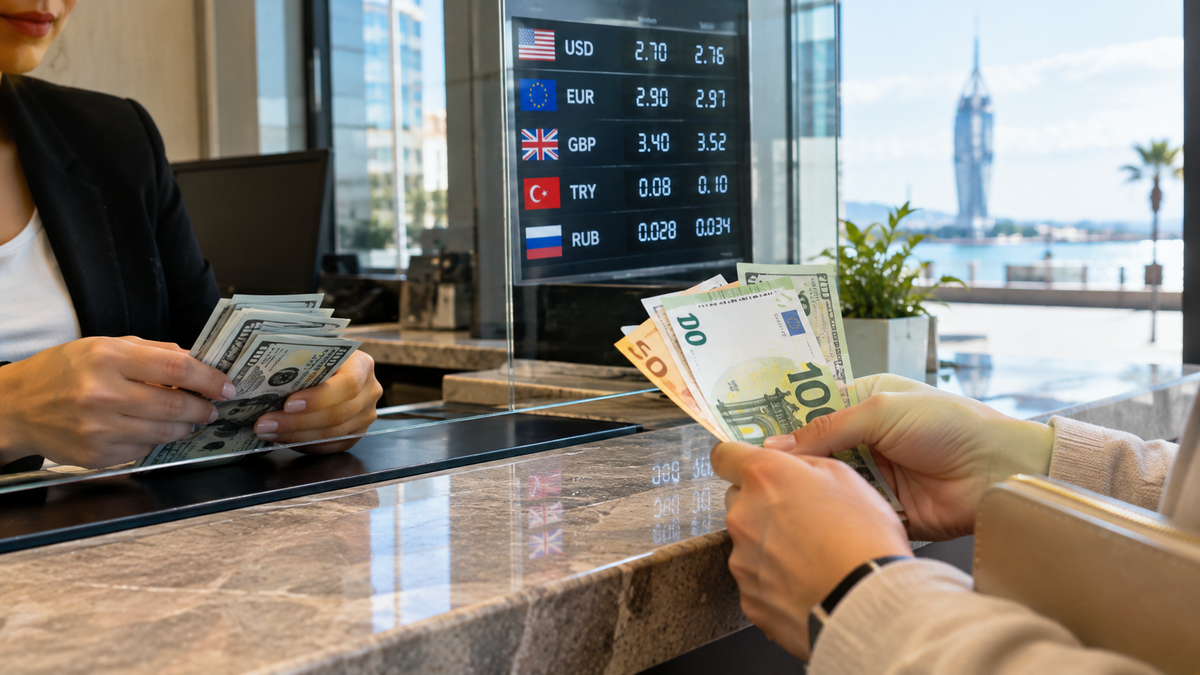 A hand exchanging euros for dollars at a currency exchange window, with a rate board and Batumi's coastline visible through the window.