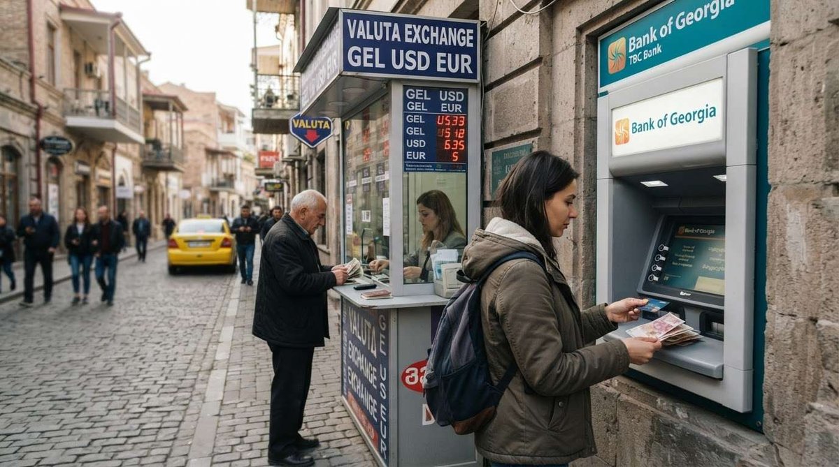 A man exchanging money at a valuta kiosk while a woman withdraws cash from a Bank of Georgia ATM nearby on a cobblestone street.