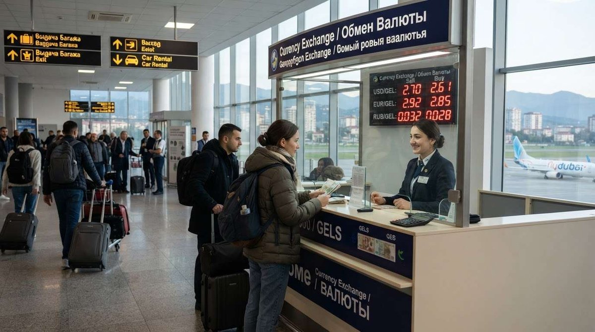 A currency exchange counter at Batumi International Airport, where travelers exchange money before heading into the city.
